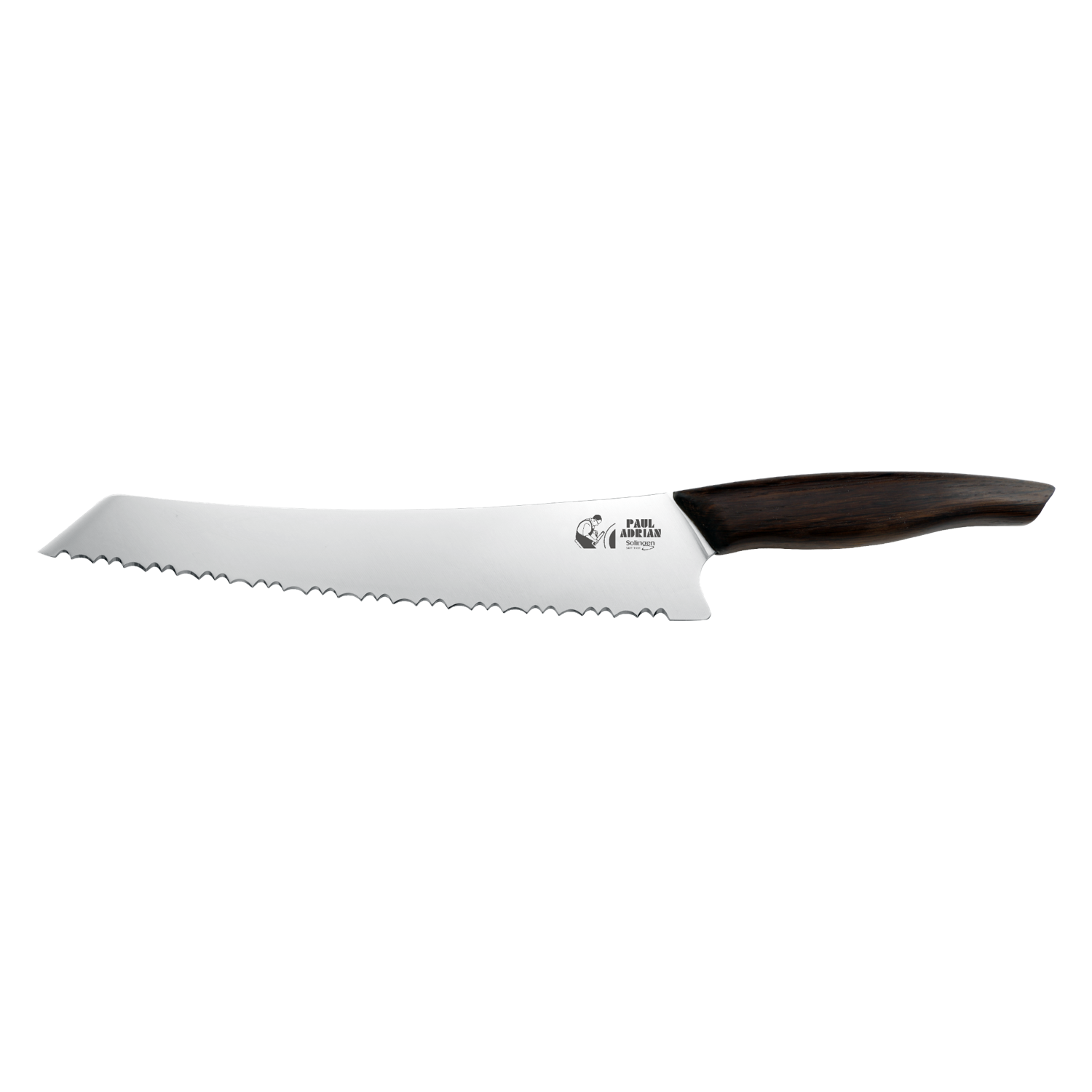 Hochwertiges Messer Beluga Brotmetz mit doppelseitiger Welle und ergonomischem Holzgriff.
