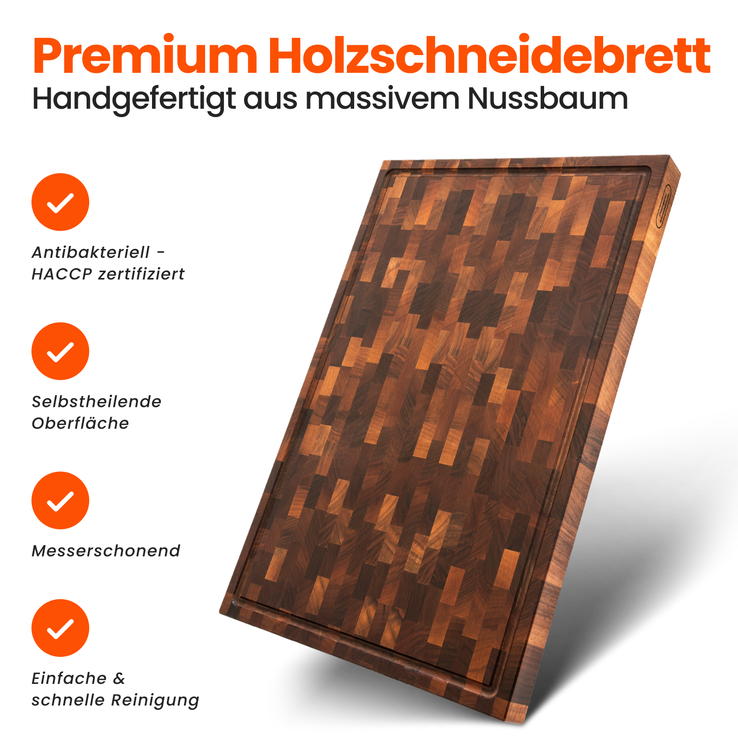 Premium Nussbaum Stirnholzschneidebrett, handgefertigt, antibakteriell und einfach zu reinigen.