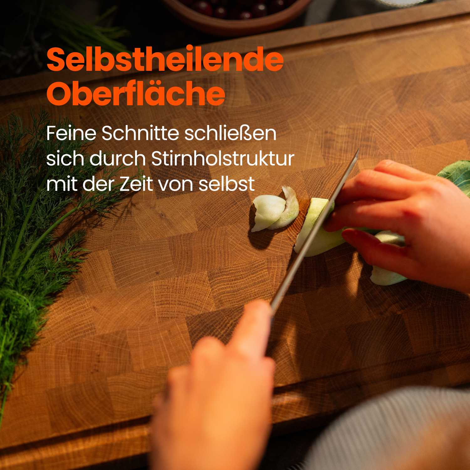 Eiche Stirnholzschneidebrett nachhaltig mit selbstheilender Oberfläche und feinen Schnitten.