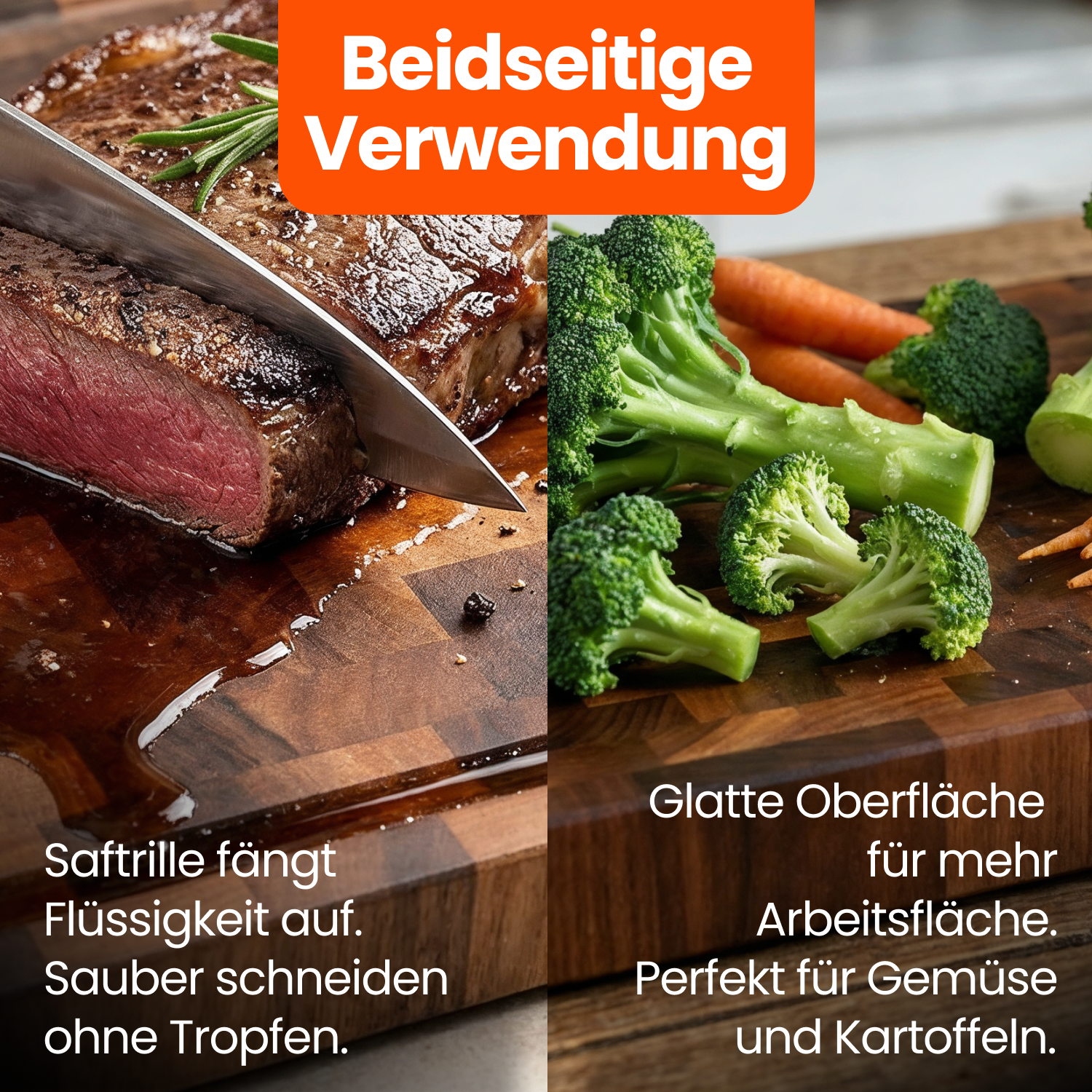 Nussbaum Stirnholzschneidebrett mit beidseitiger Verwendung für Fleisch und Gemüse. Perfekte Schneidefläche.