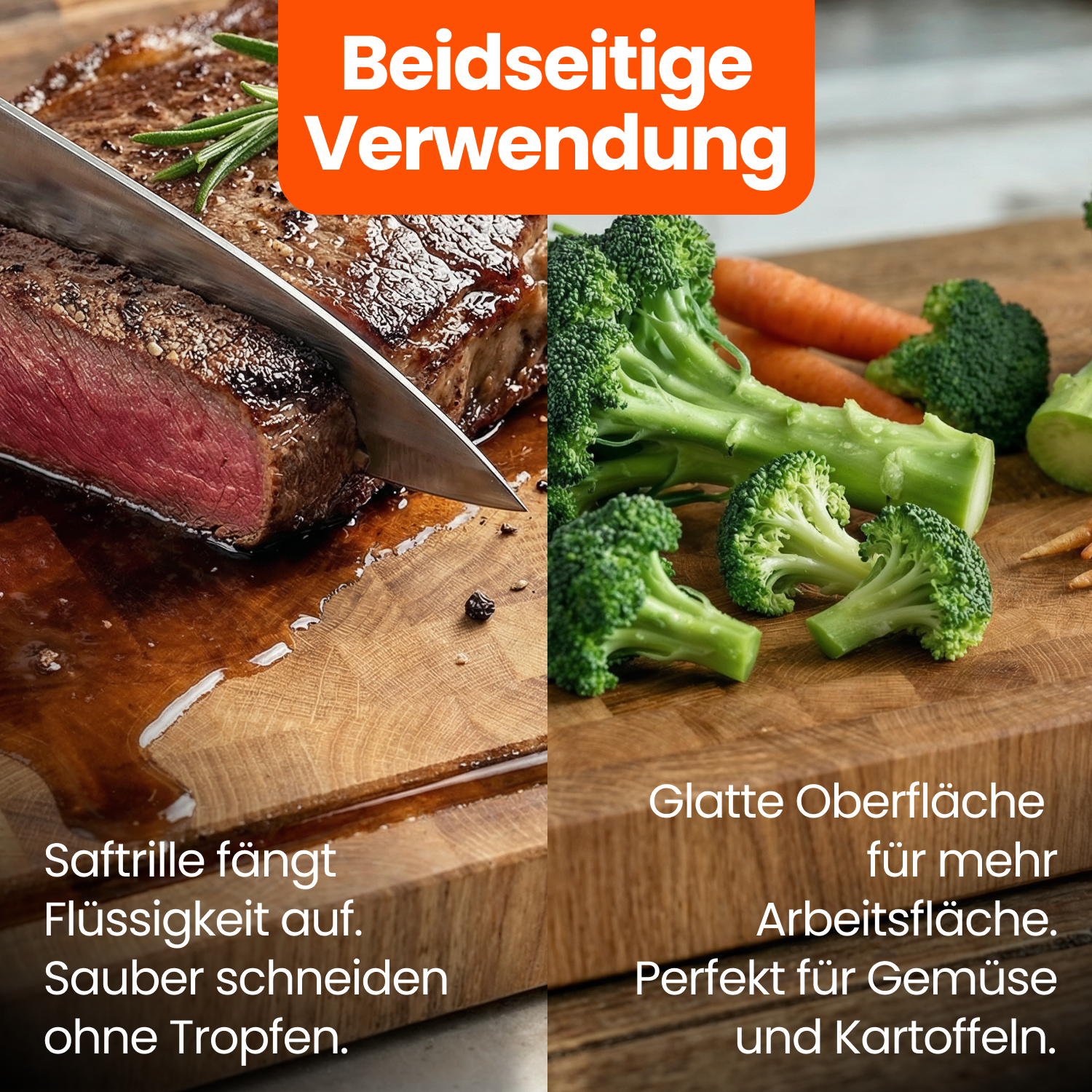 Eiche Stirnholzschneidebrett nachhaltig, beidseitige Verwendung, flüssigkeitsaufnehmende Saftrille, glatte Oberfläche für Gemüse und Kartoffeln.