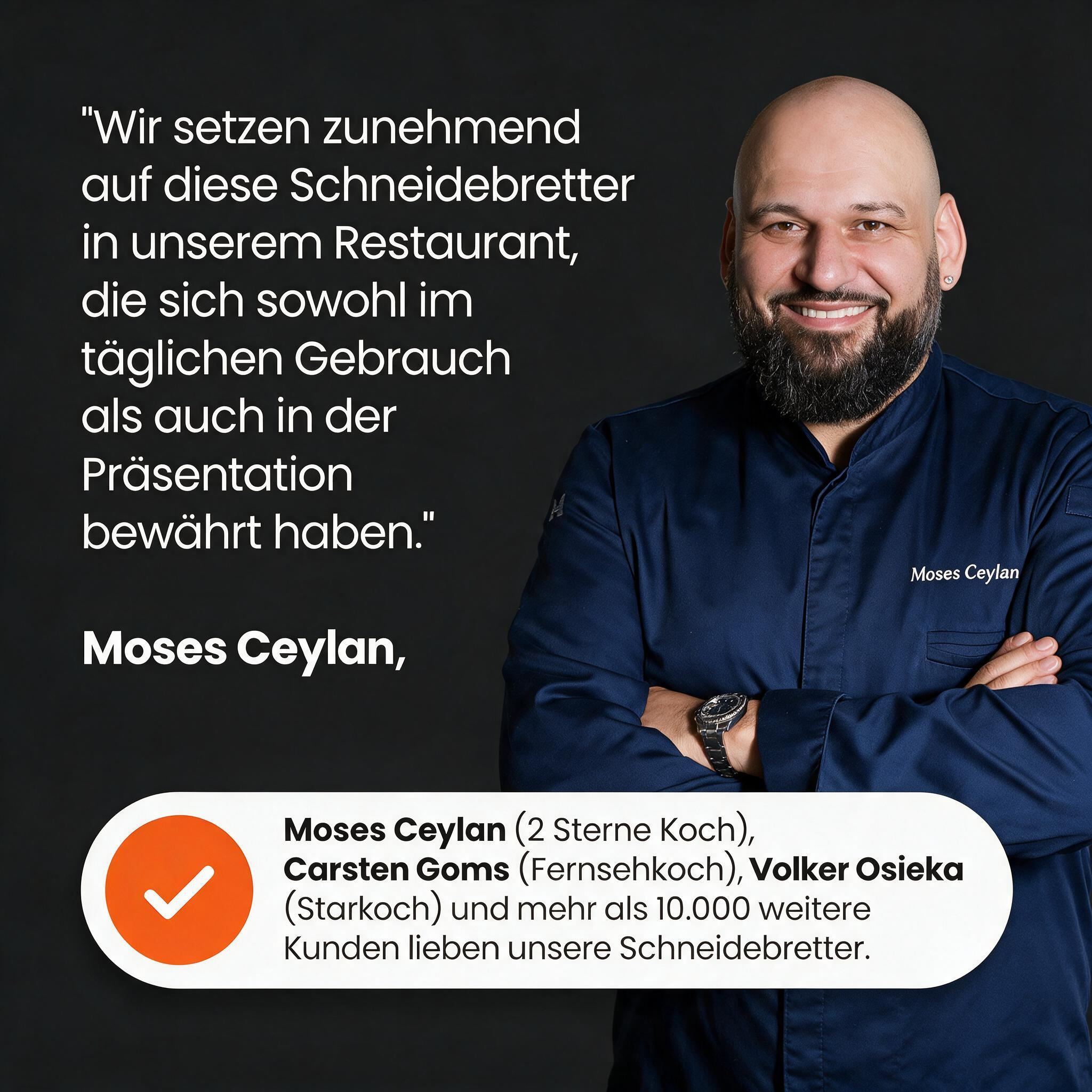 Moses Ceylan, 2-Sterne Koch, präsentiert seine Hingabe zu hochwertigen Schneidebrettern in einem Restaurant.