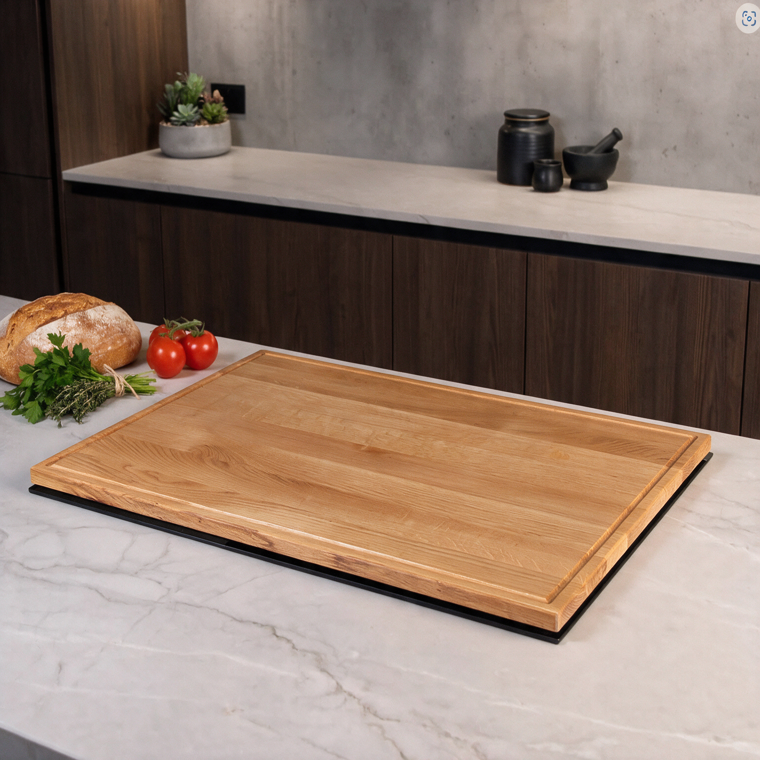 Eiche Kochfeldabdeckung auf einer modernen Küchentheke, elegant und funktional.