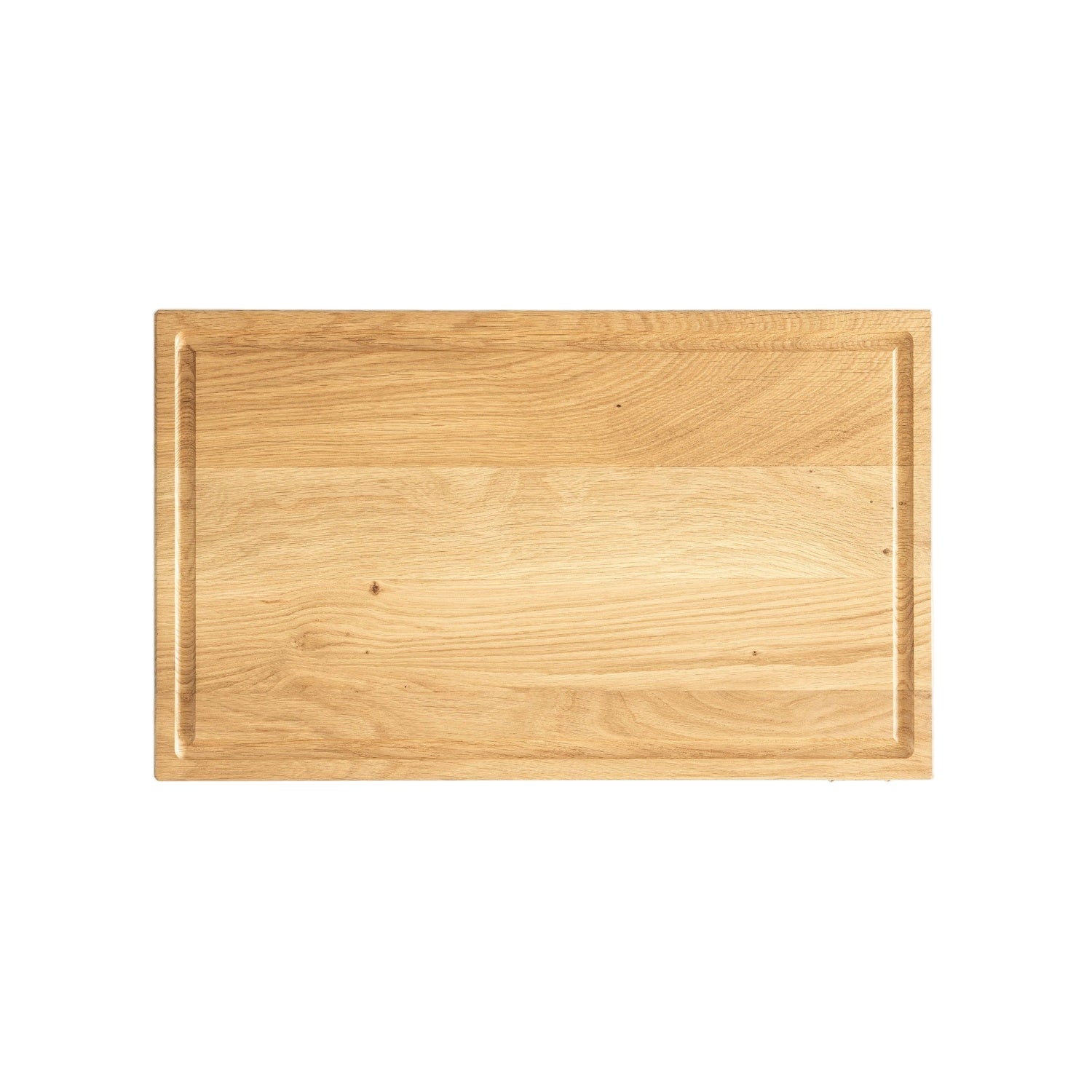 Eiche Längsholzschneidebrett mit glatter Oberfläche und Rillen auf der Seite, ideal für Küche und Zubereitung.