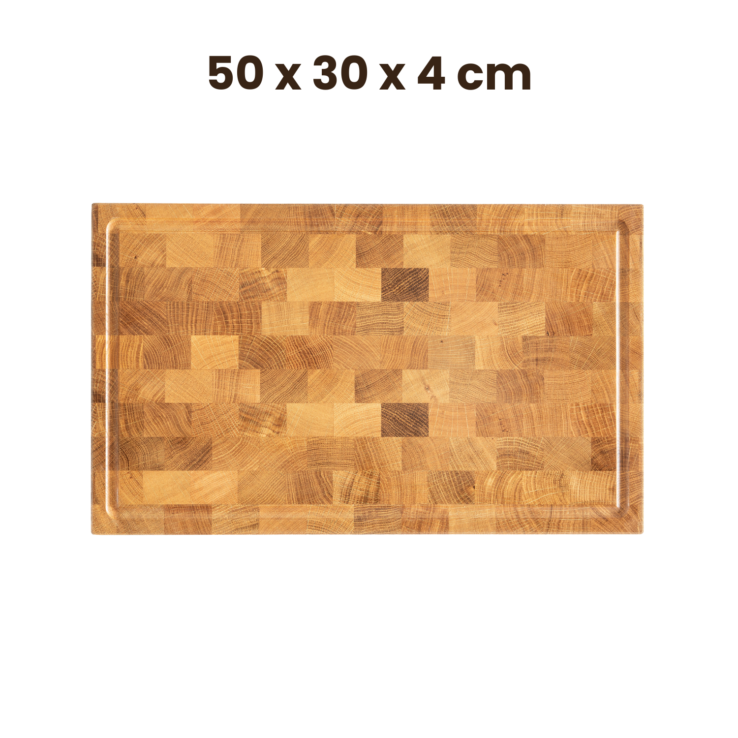 Eiche Stirnholzschneidebrett nachhaltig in den Maßen 50 x 30 x 4 cm aus hochwertigem Eichenholz.