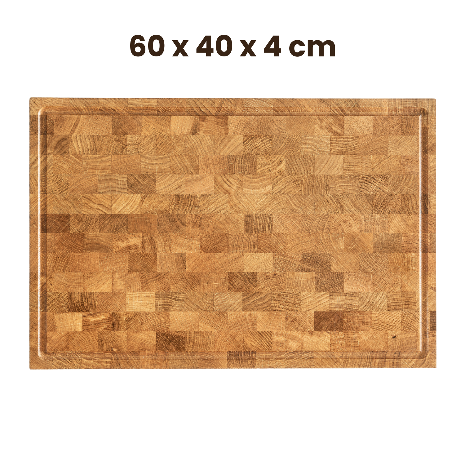 Eiche Stirnholzschneidebrett nachhaltig, Größe 60 x 40 x 4 cm, handgefertigt und umweltfreundlich.