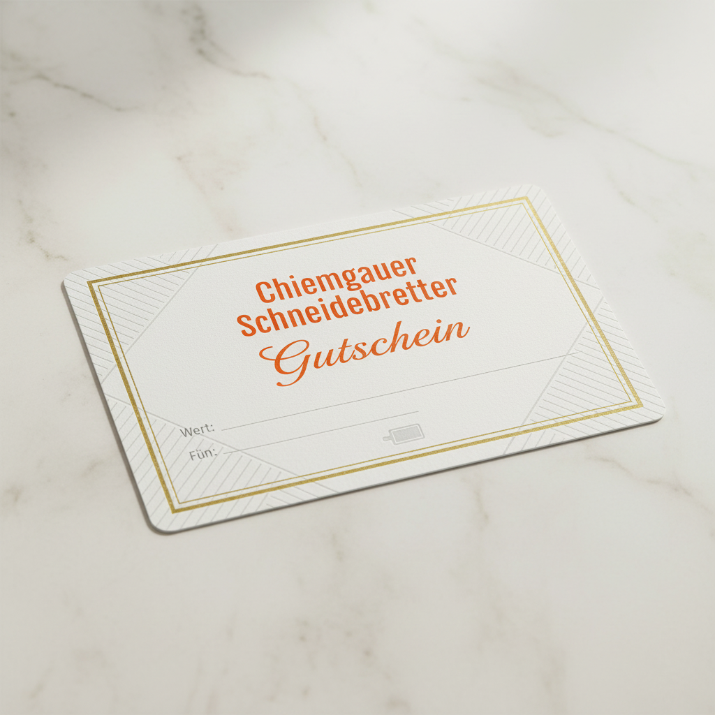 Chiemgauer Schneidebretter Gutschein auf einem marmorierten Hintergrund.