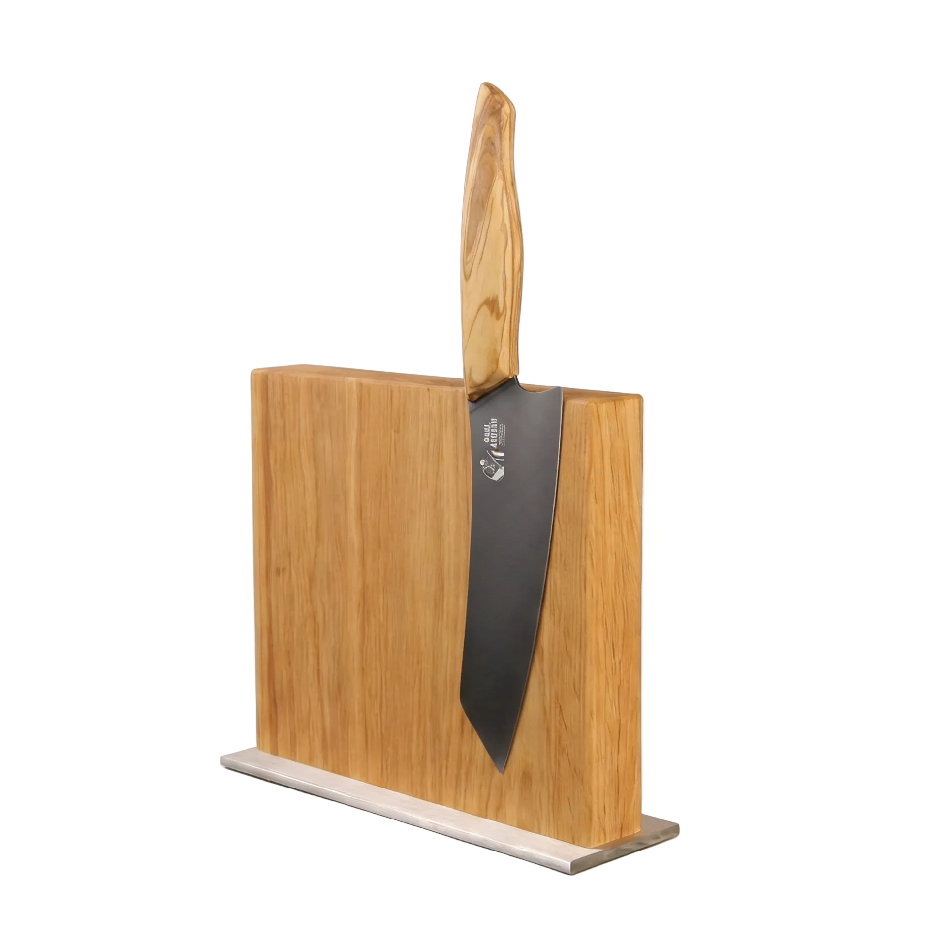 Magnetischer Messerblock Edelstahl Eiche mit einem hochwertigen Messer im Holzblock.