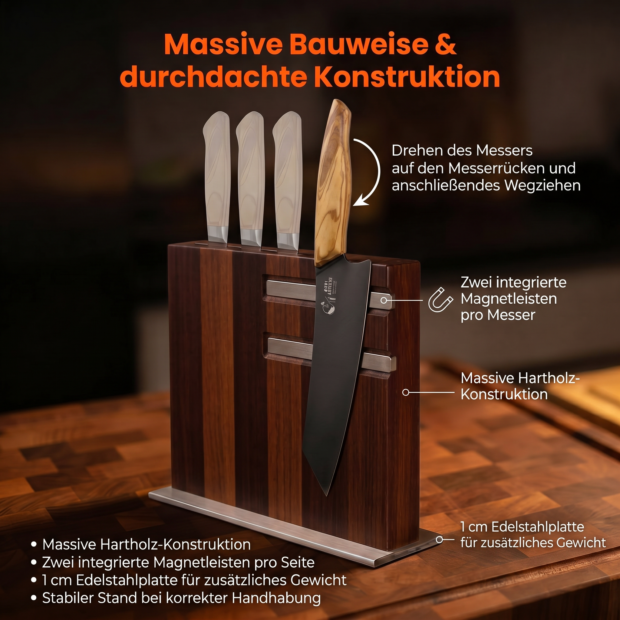 Magnetischer Messerblock Nussbaum Edelstahl