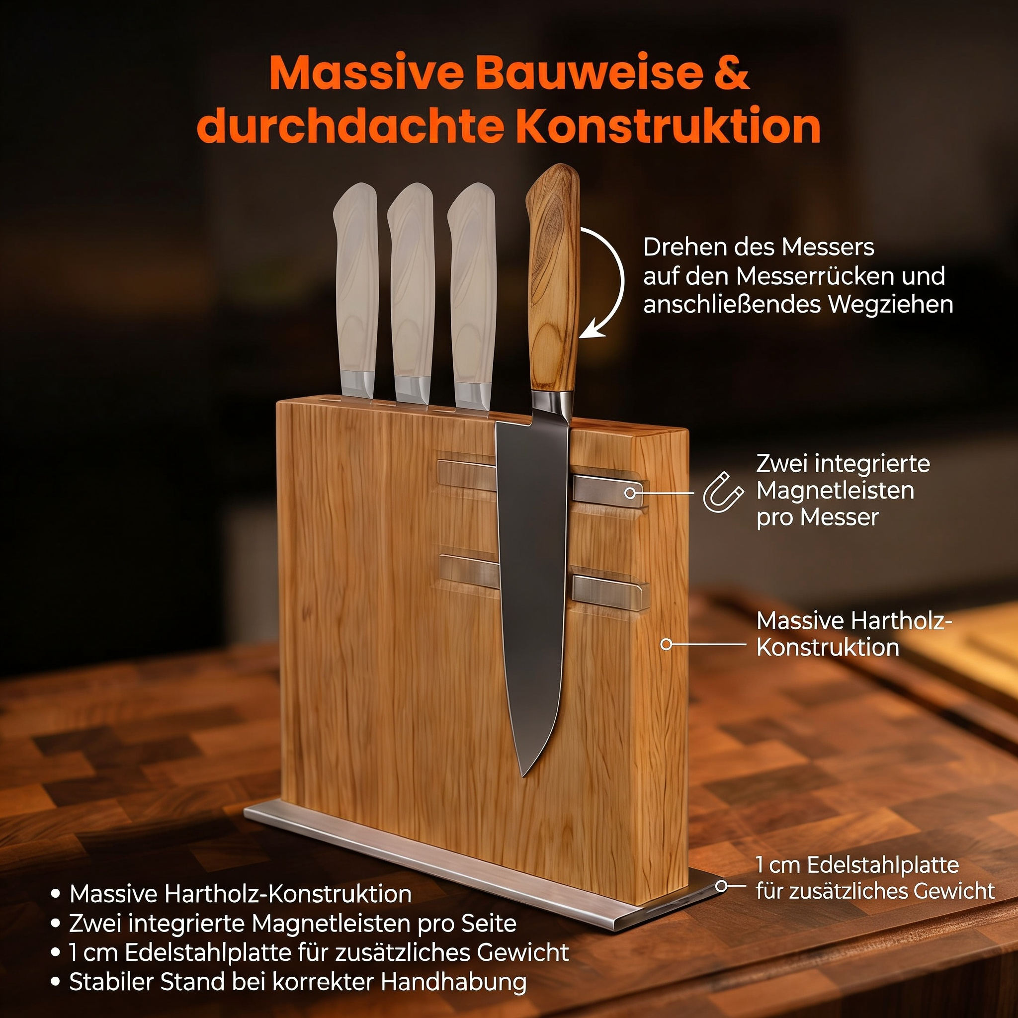 Messerblock aus Eiche und schwebender Edelstahlstandfuß