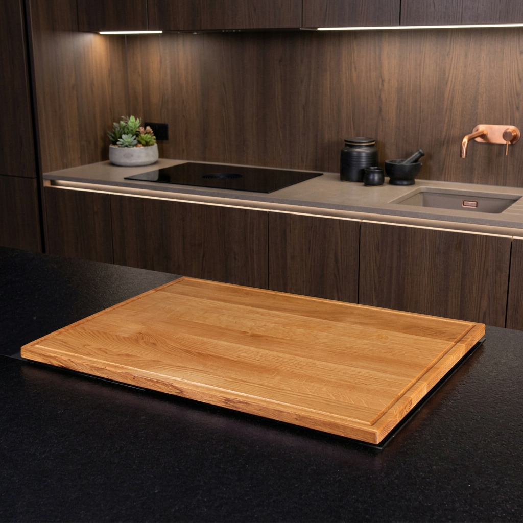Eiche Kochfeldabdeckung auf einer modernen Küchentheke, elegant und funktional.