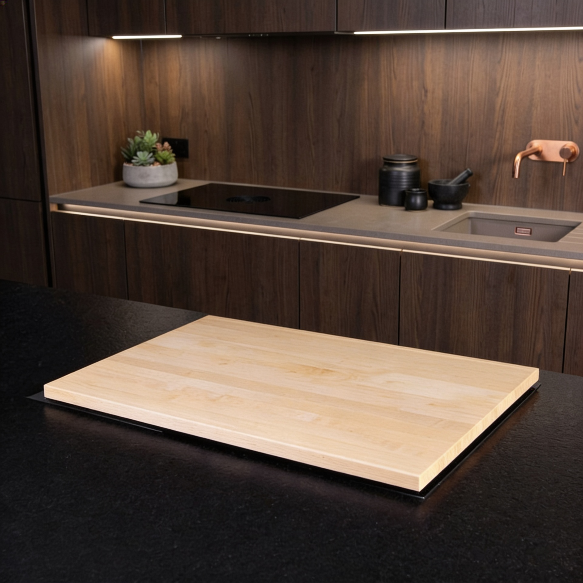 Kochfeldabdeckung aus Ahornholz auf einer modernen Küchenoberfläche, elegante und funktionale Gestaltung.