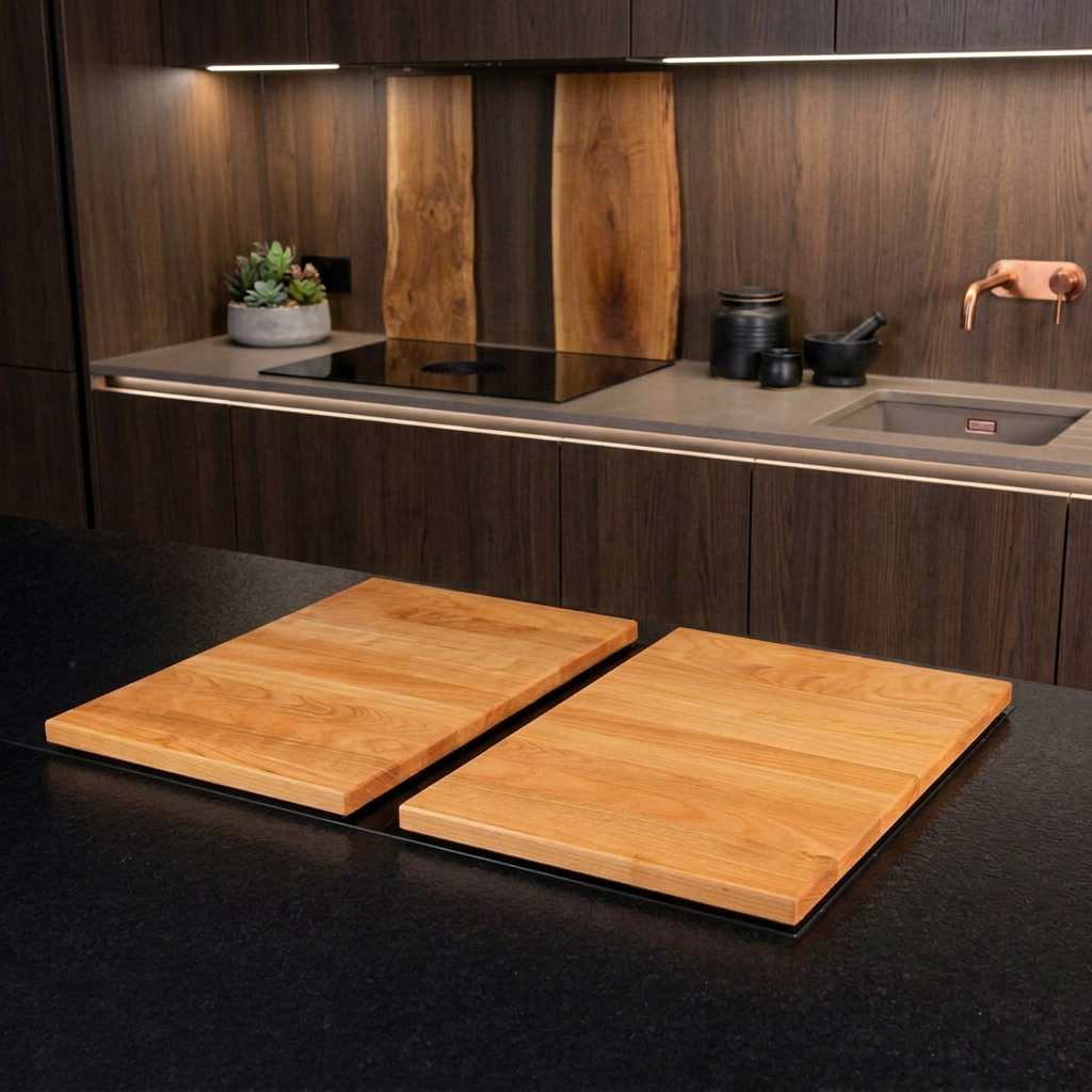 Kochfeldabdeckung Kirschbaum zweiteilig auf einer modernen Küchentheke, elegant und funktional.