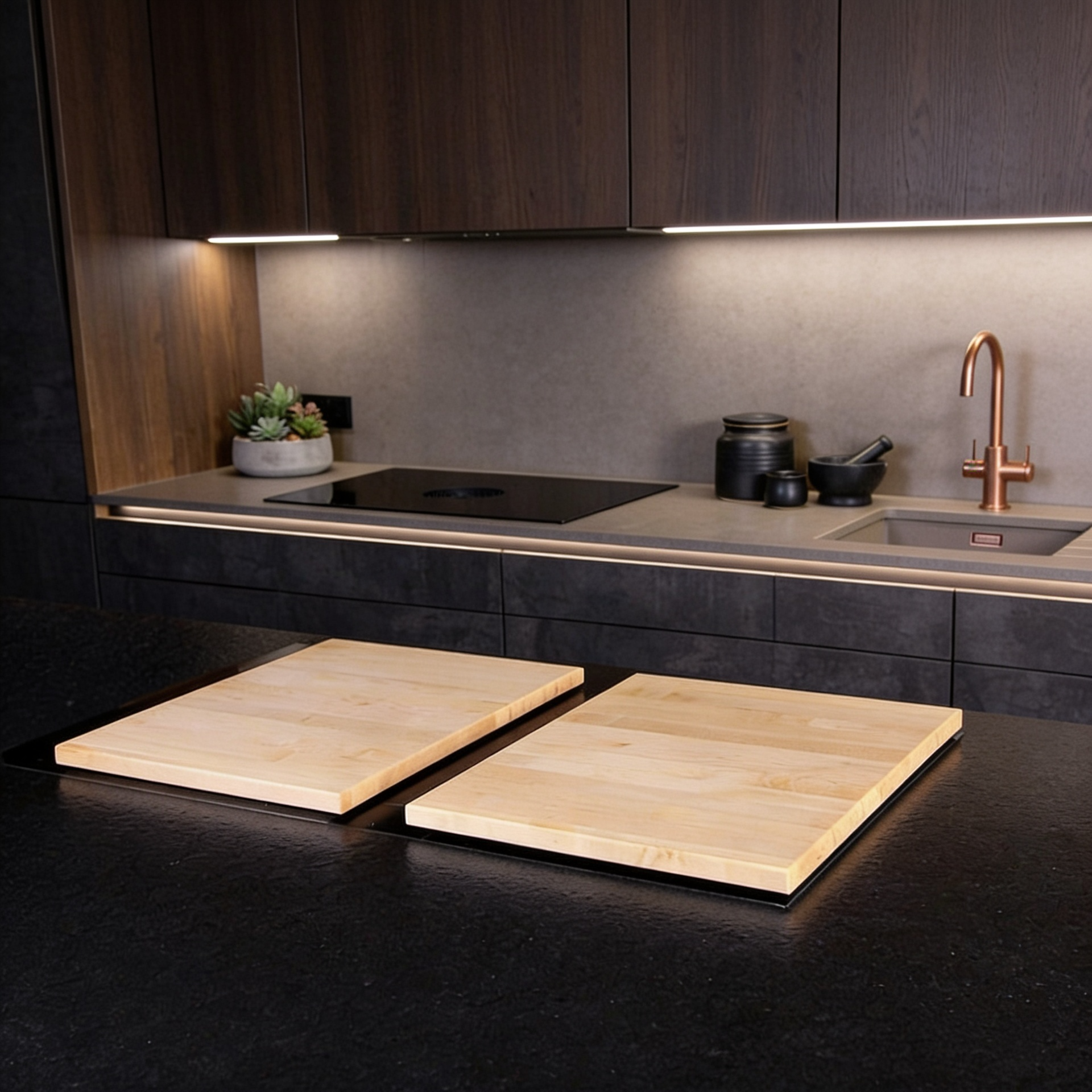 zweiteilige Kochfeldabdeckung Ahornholz auf einer modernen Küchentheke mit Holz- und Steinoberflächen.