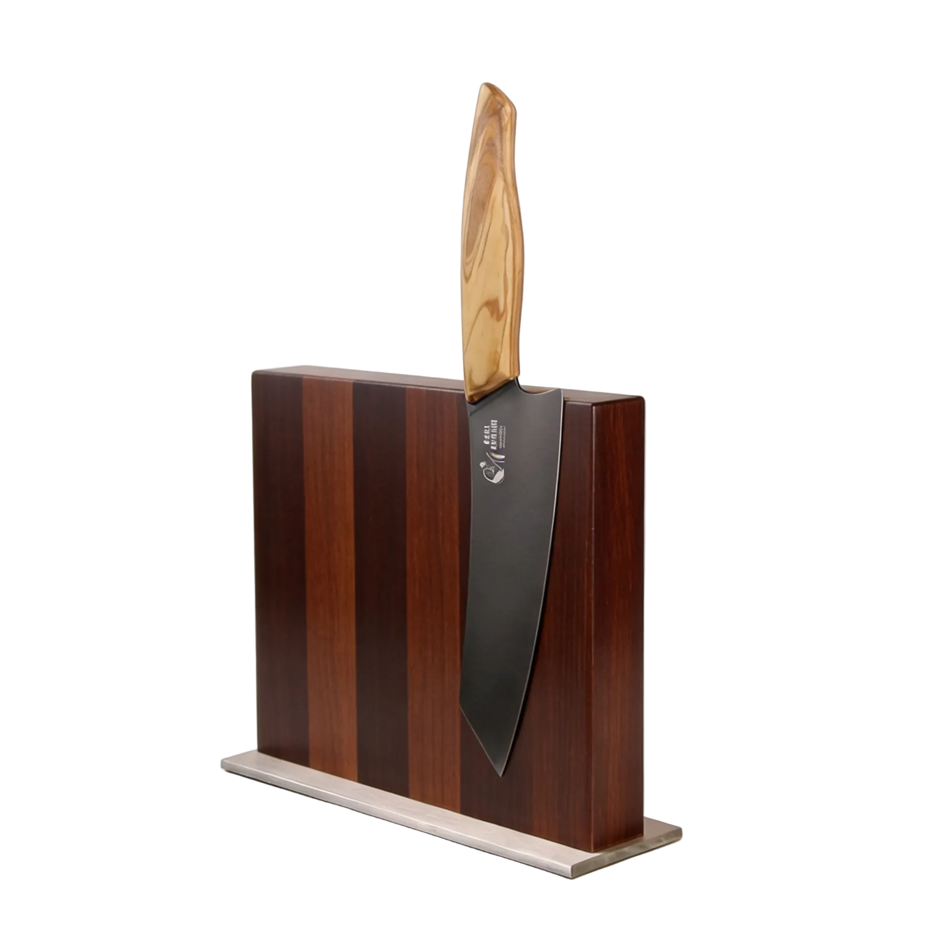 Magnetischer Messerblock Nussbaum Edelstahl mit schwarzem Messer und Holzgriff auf Edelstahlstandfuß
