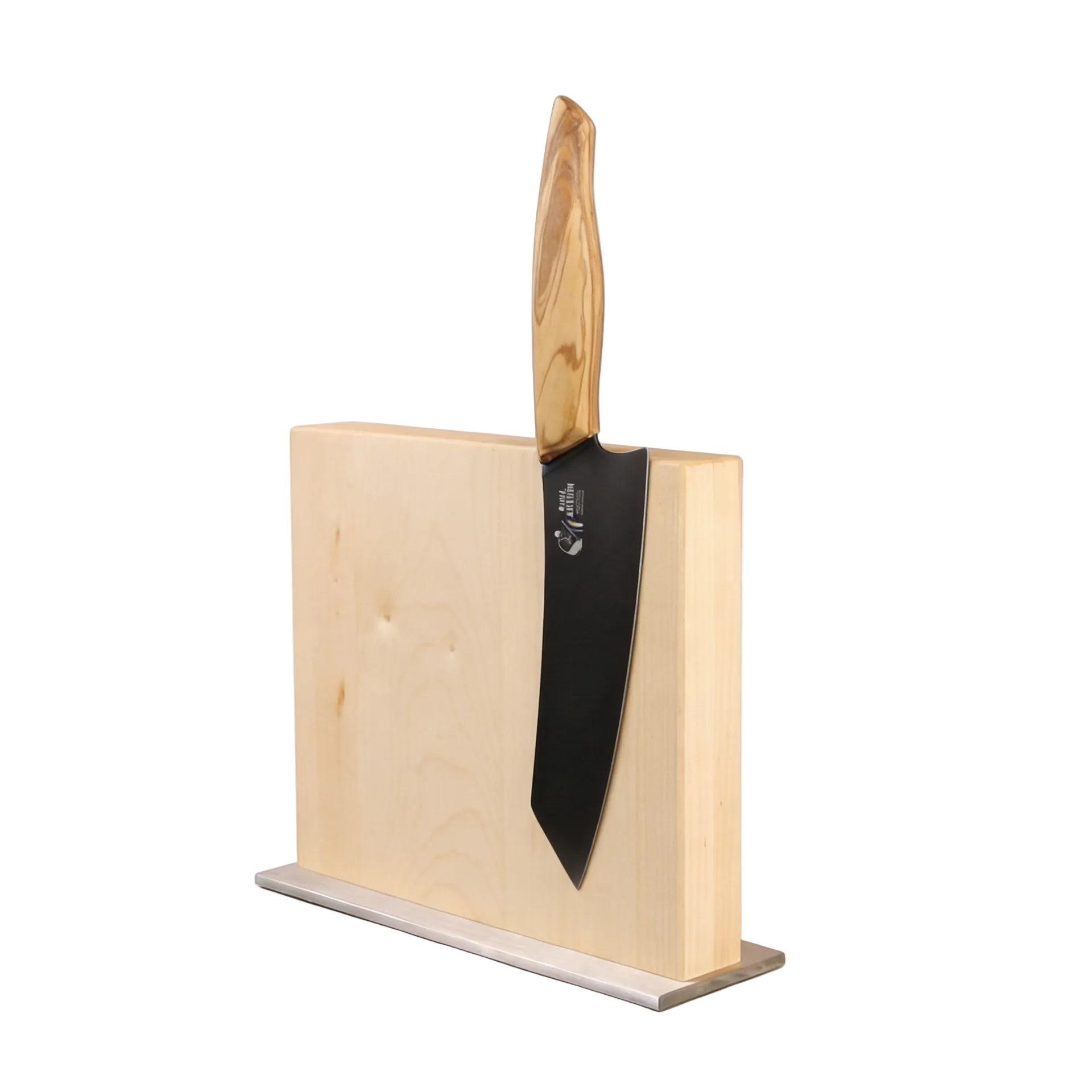 Magnetischer Messerblock Ahorn Edelstahl mit einem Küchenmesser im Block
