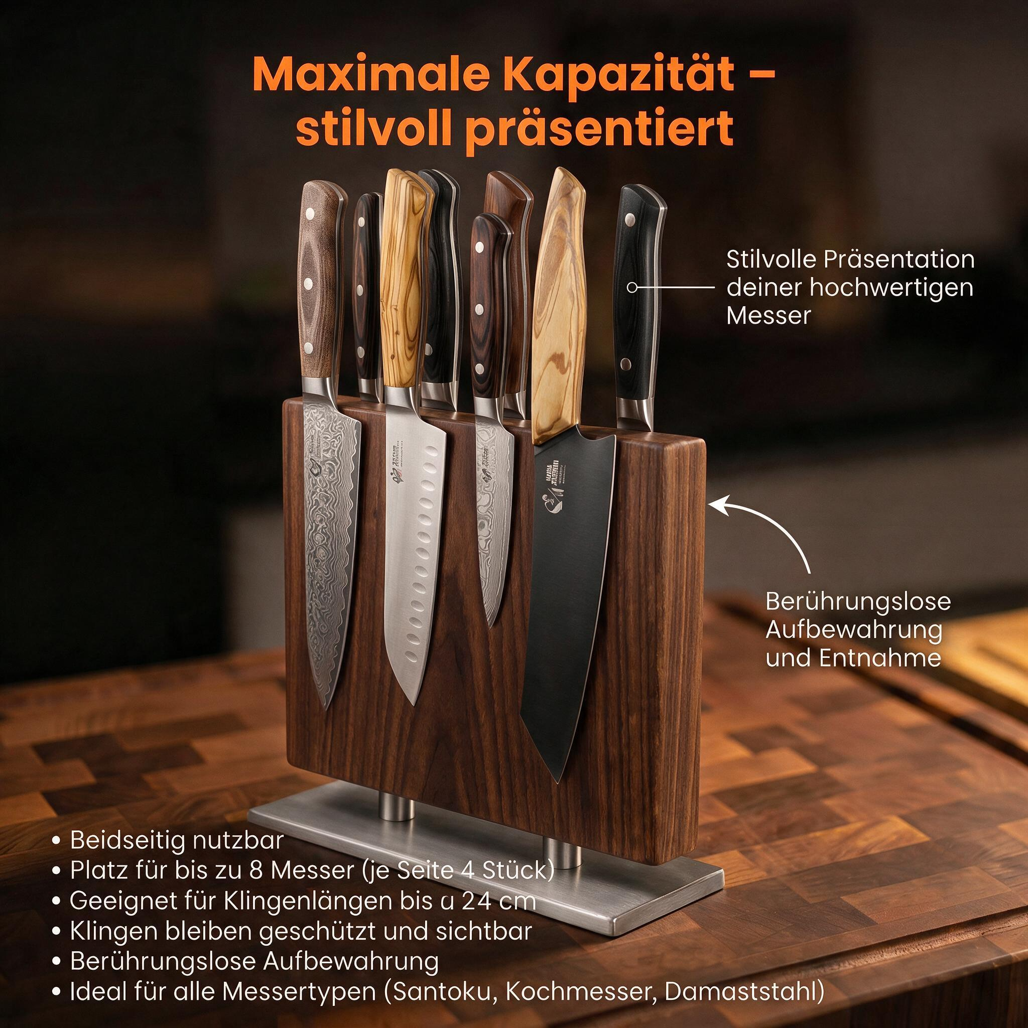 Μπλοκ μαχαιριών από καρυδιά με αιωρούμενη βάση από ανοξείδωτο ατσάλι
